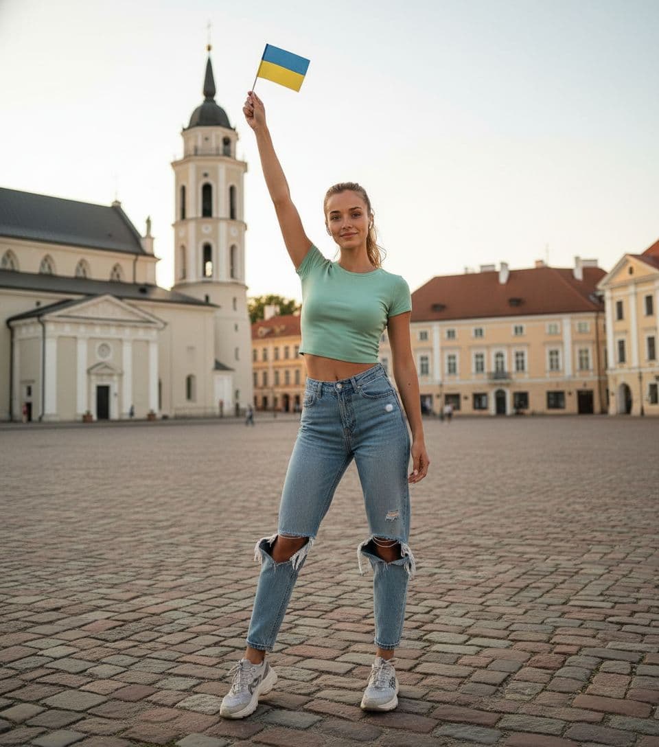 AI generated: 22-year-old 5 foot 7 Spanish girl, standing. stands in Vilnius Old Town against the backdrop in the ...