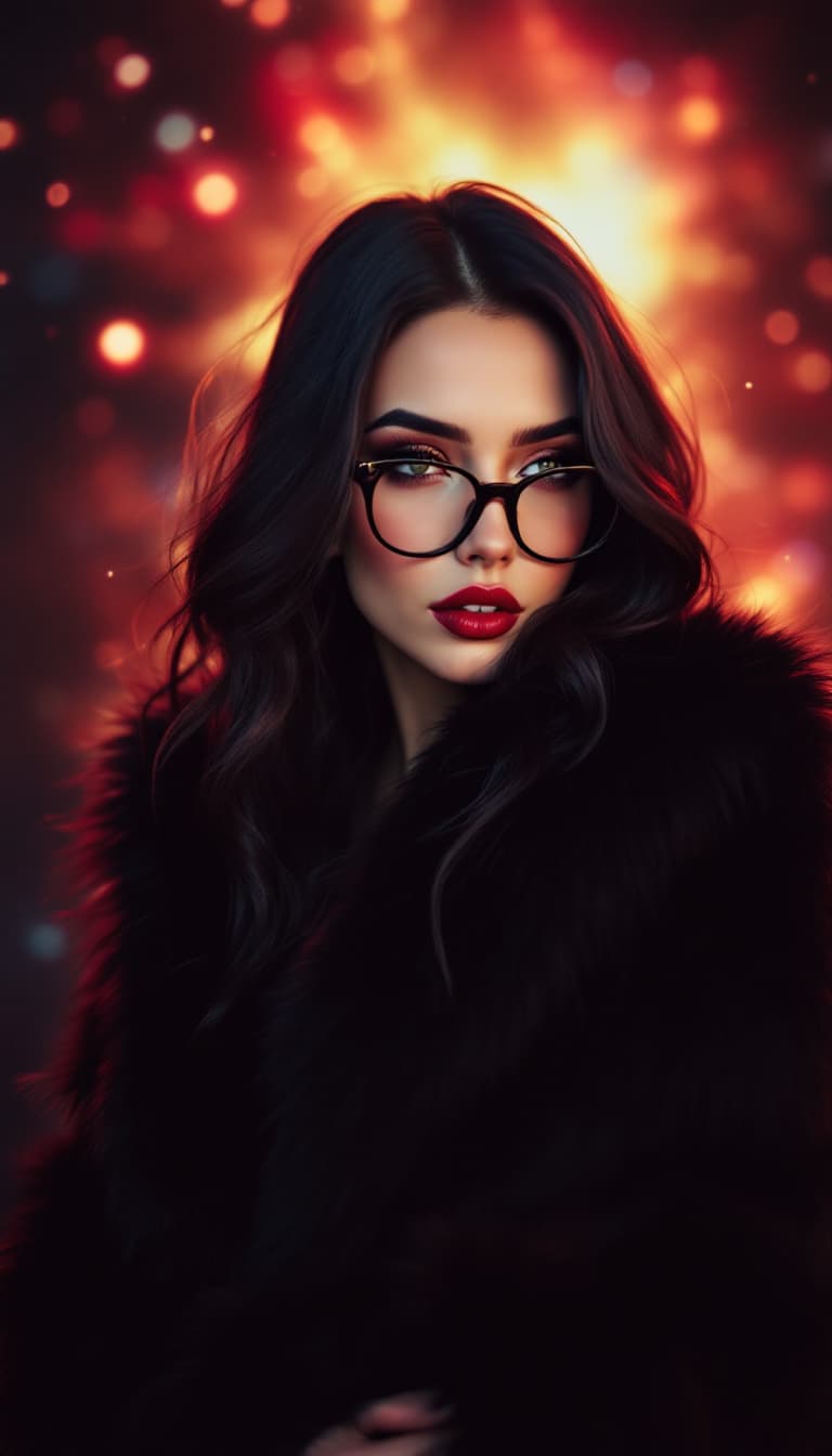 AI generated: Woman, sooty hair, raspberry lips, long, faux-fox coat, berry-red lips, fashionable, luminous backdr...