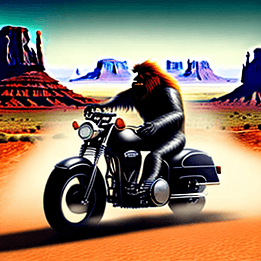 AI generated: Strawberry blonde Bigfoot baring sharp teeth riding a harley davidson wearing a black leather Jacket...