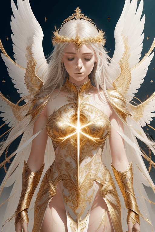AI generated: A visual stunning photography of an angel wearing gold and silver crystal armor, heaven background, ...