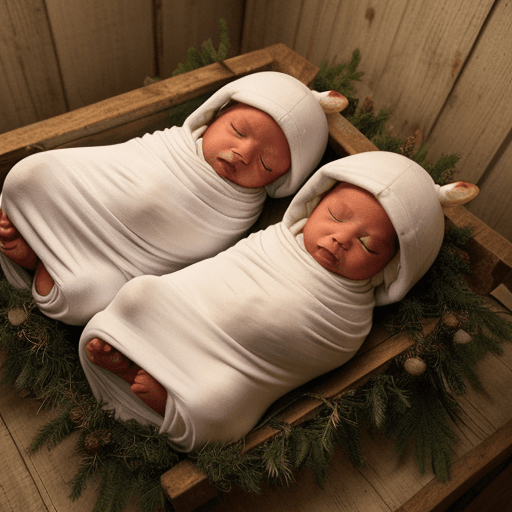 AI generated: at birth, baby Jesus is tightly swaddled, in a cow stable, there are two cow, a Christmas atmosphere