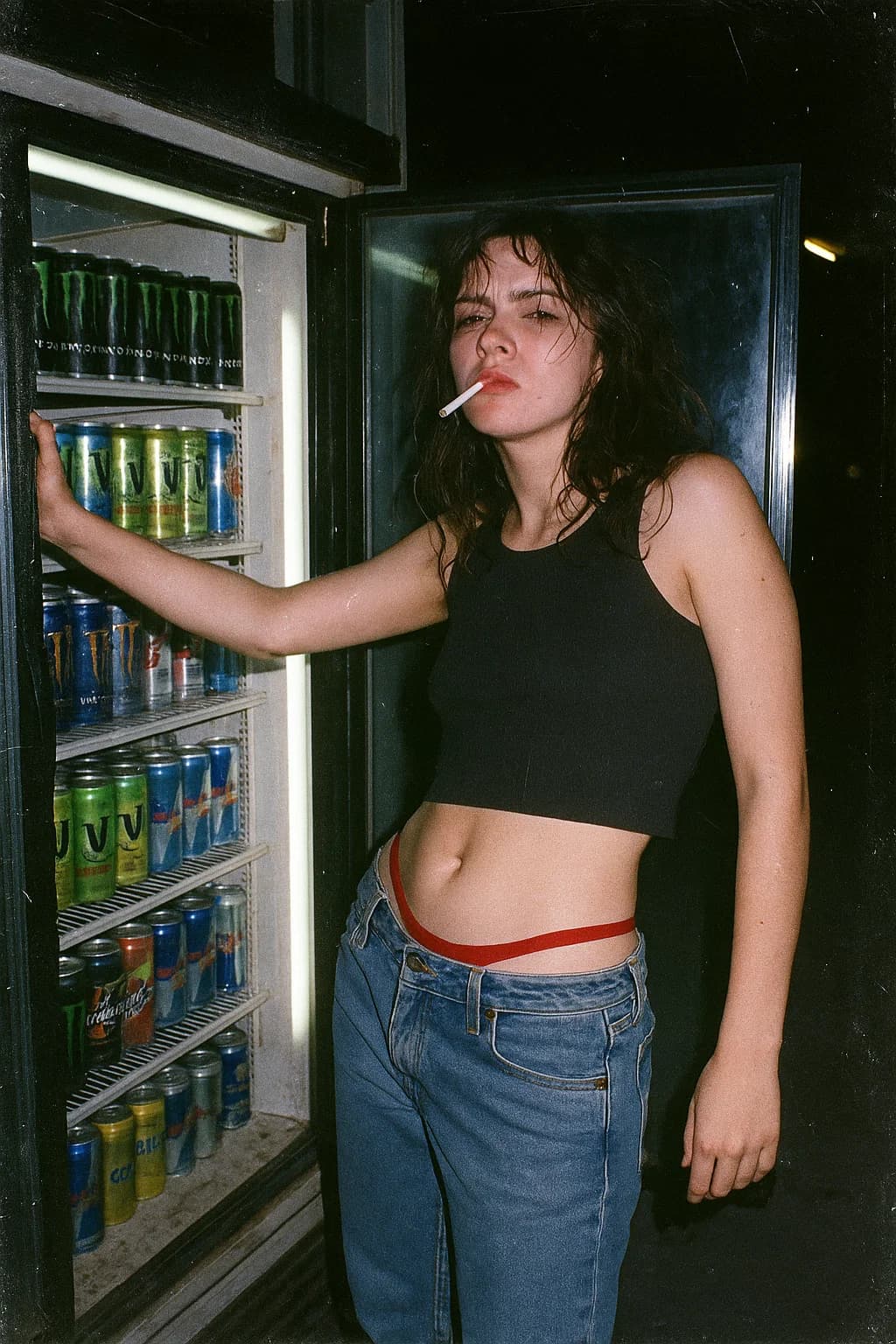 AI generated: Raw early-2000s lo-fi flash snapshot at a late-night gas station. A rebellious young woman stands in...