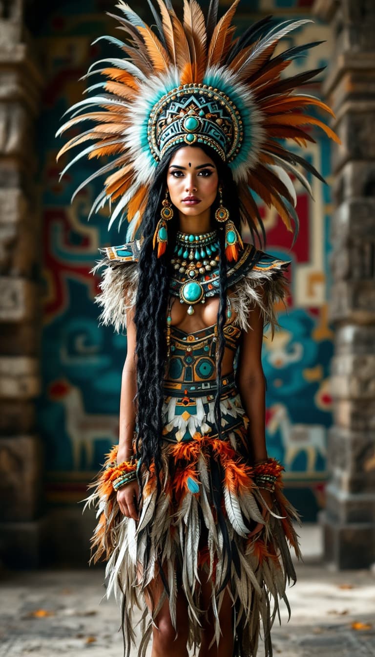 AI generated: A photo of a 19-year-old Aztec princess looking like Adria Arjona, super exposing a feathered headdr...