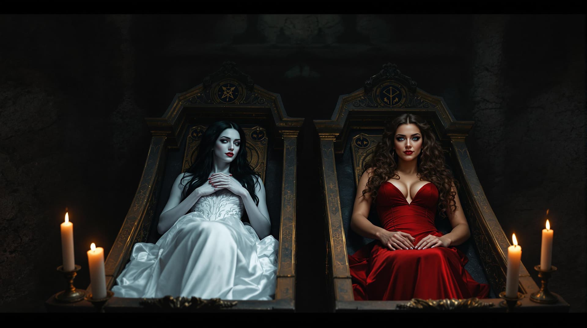 AI generated: In this haunting image, two female figures lie in ornate coffins, surrounded by the dark, dank atmos...