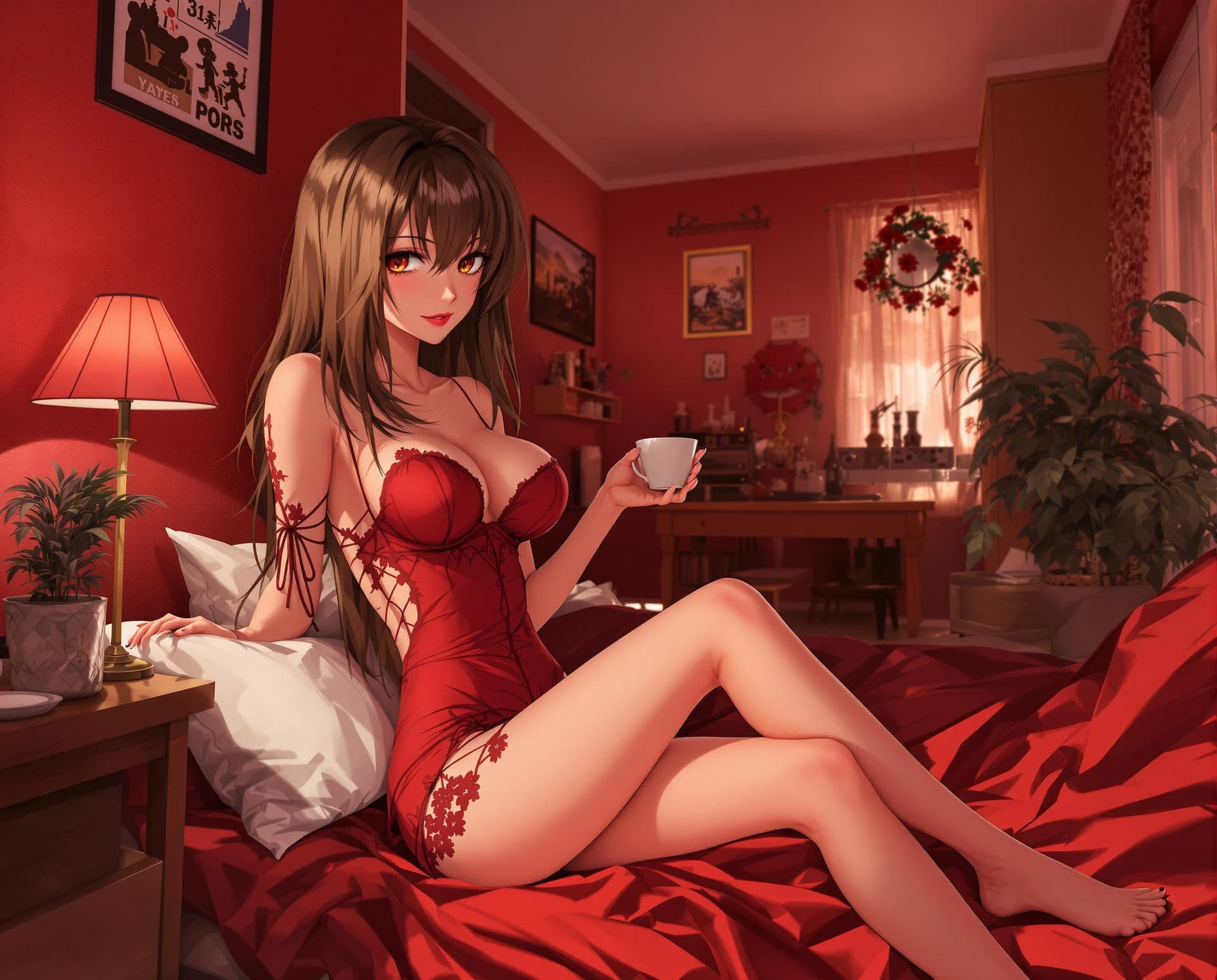 AI generated: Random  anime Small petite hot girl. 4ft9. Skinny small. Petite. Random red room appartment environm...