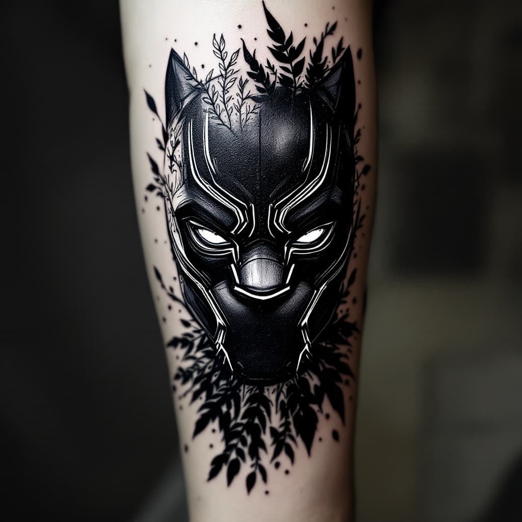 AI generated: tattoo, concept, black panther, just face, abstract, different, black and white, less black, face di...