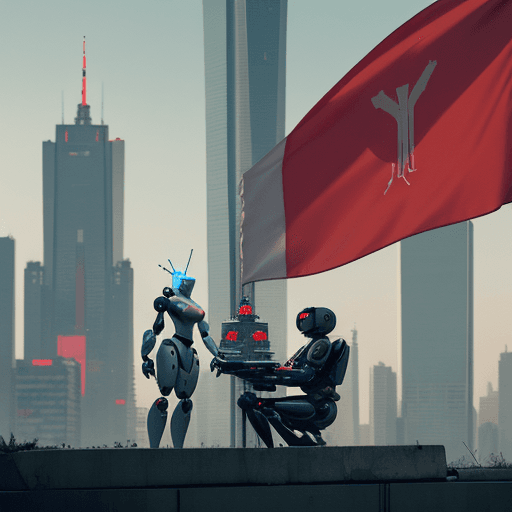 AI generated: Robots in futuristic Warsaw with polish flags in cyberpunk style eating pierogi