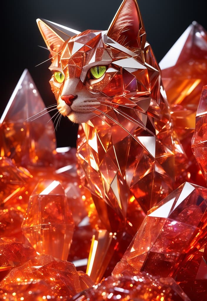 AI generated: a close up of a cat (made from a many red cristal fragmrnts:1.2), (crystal cubism:1.2), with orange ...