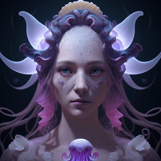 AI generated: Goddess close-up portrait ribcagel. jellyfish phoenix head, nautilus, orchid, skull, betta fish, bio...