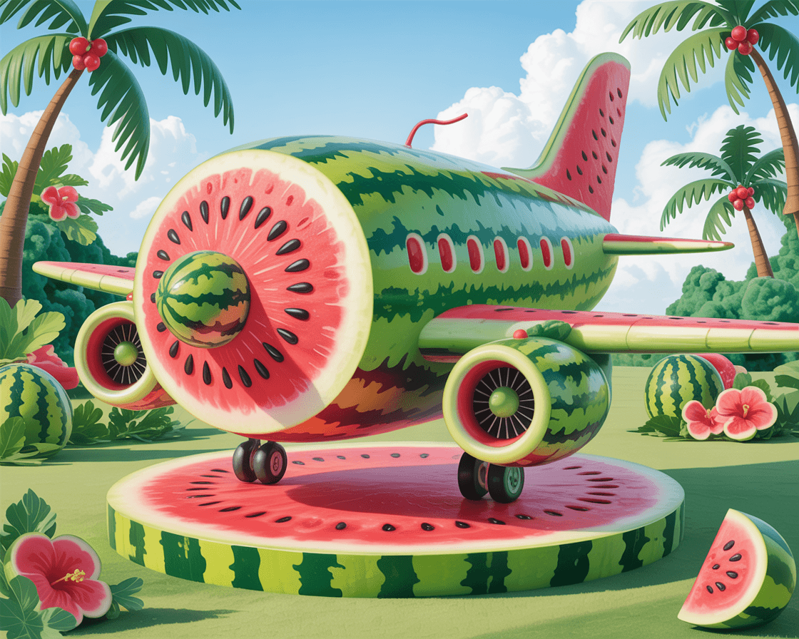 AI generated: Create a highly detailed, whimsical 3D digital rendering of an airplane sculpture made entirely from...