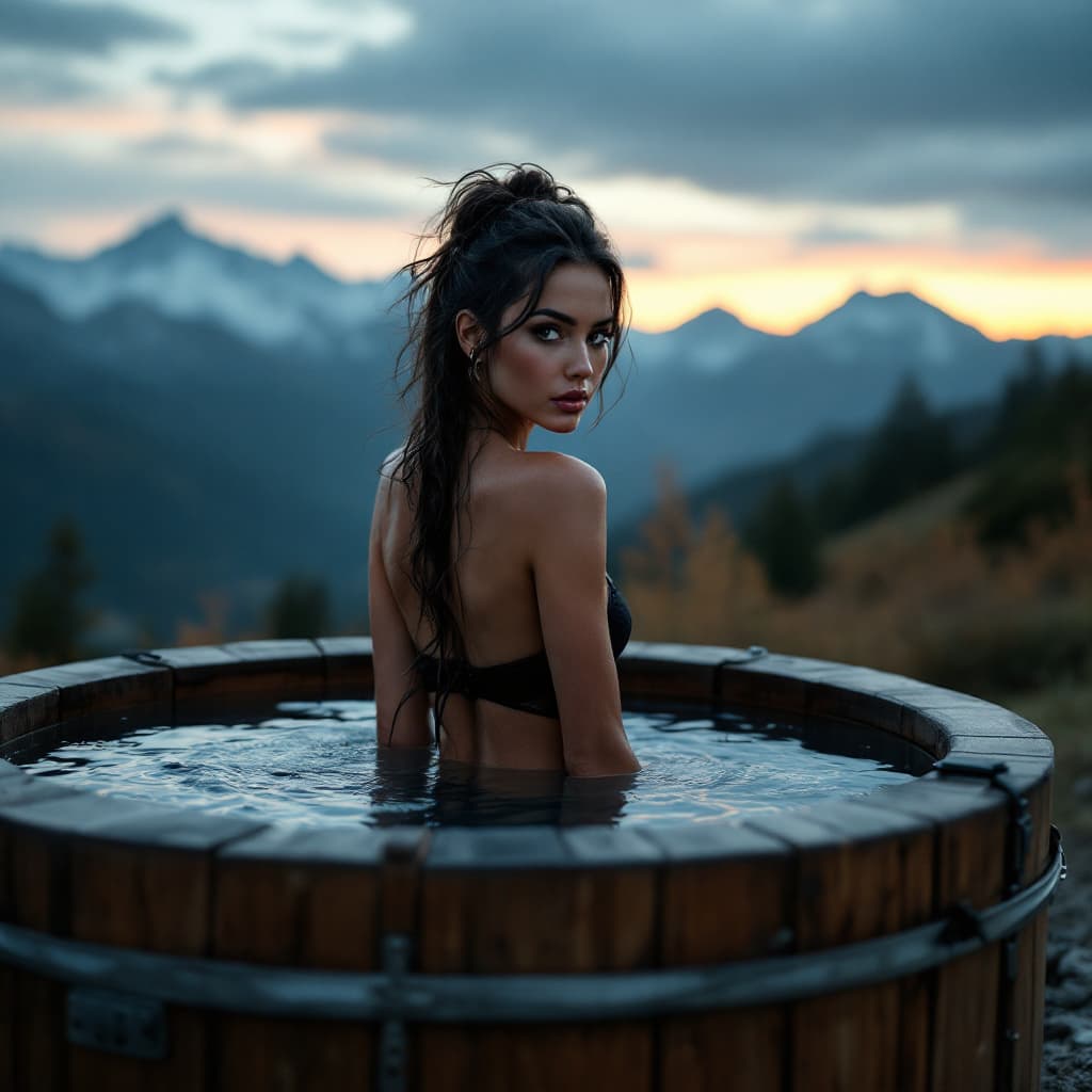 AI generated: full body portrait woman a powerful and dignified portrait ,gorgeous female sitting in wooden hot tu...
