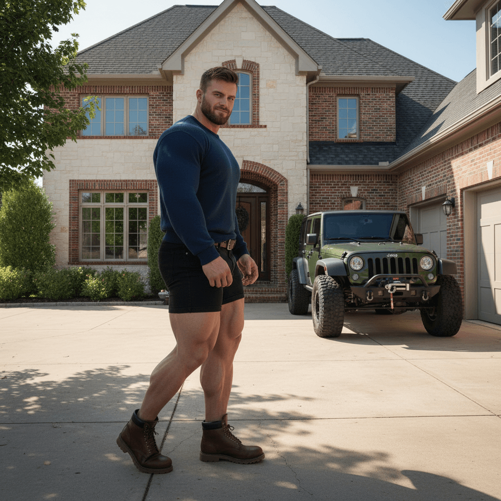 AI generated:  At a large driveway during a beautiful afternoon in a nice neighborhood. The model is a bodybuilder...