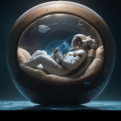 AI generated: space astronaut sleeping in a sleeping pod, and flying past dreams, in the style of hyperrealistic m...