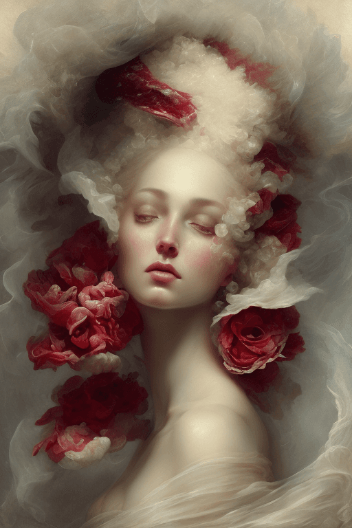 AI generated: digital oil painting of bleeding meat veil on the silk of seas and arctic flowers, rembrandt style, ...