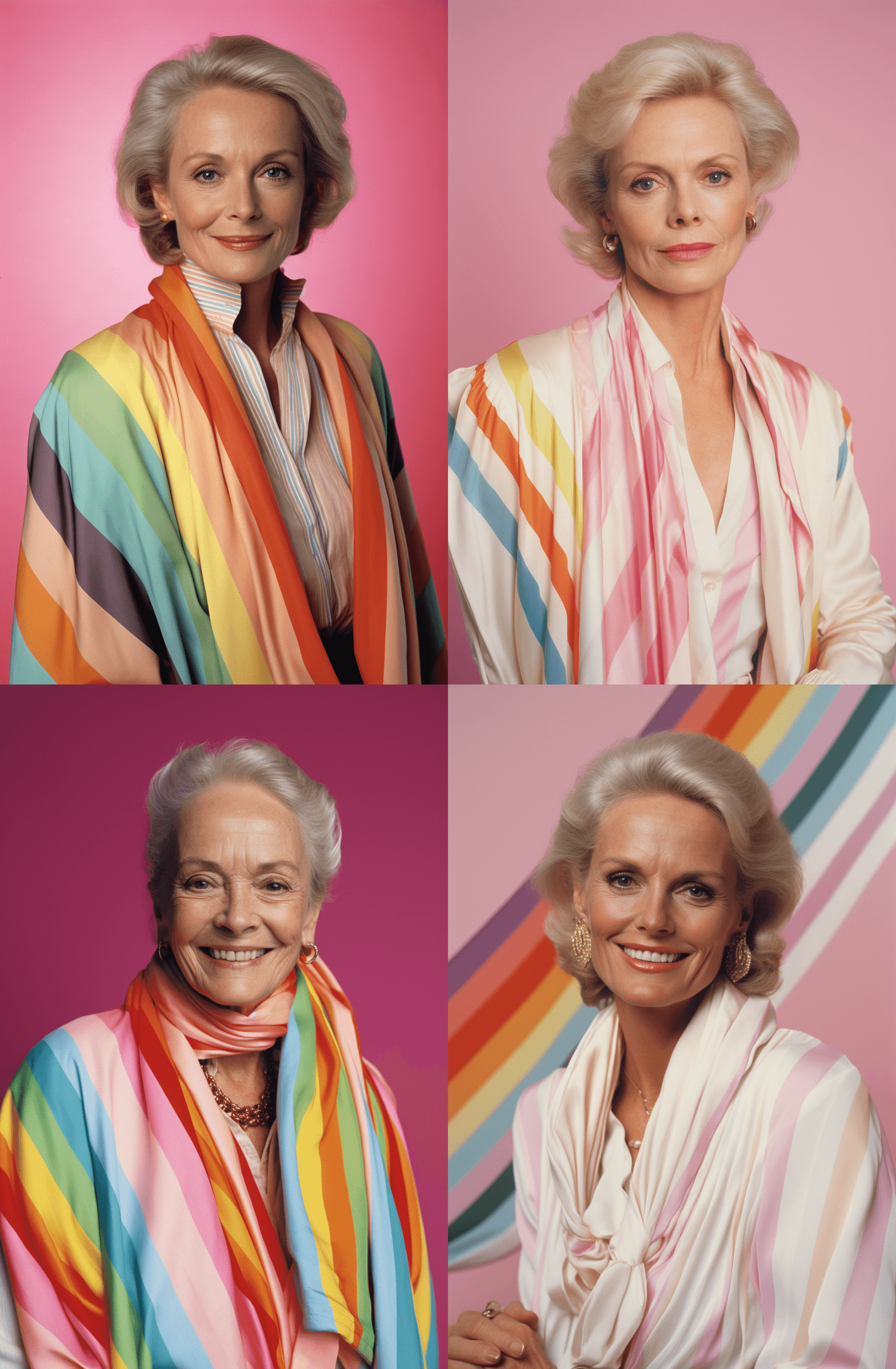 AI generated: A vintage color photo of a middle aged woman, wearing an elegant white and rainbow striped shawl, sm...