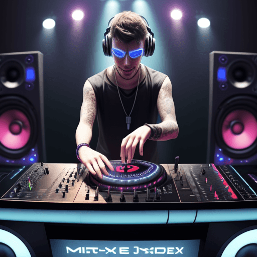 AI generated: Virtual dj in front of mixer and speakers on table