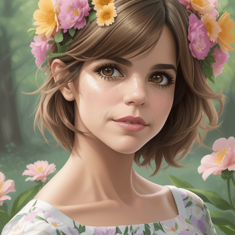 AI generated: ((Natalie Morales)), picture of a girl dressed in flowers, in the style of artgerm, loose linework, ...
