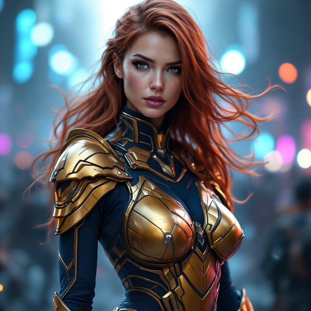 AI generated: A full-body, ultra-realistic photograph of a female warrior in futuristic golden and navy-blue armor...