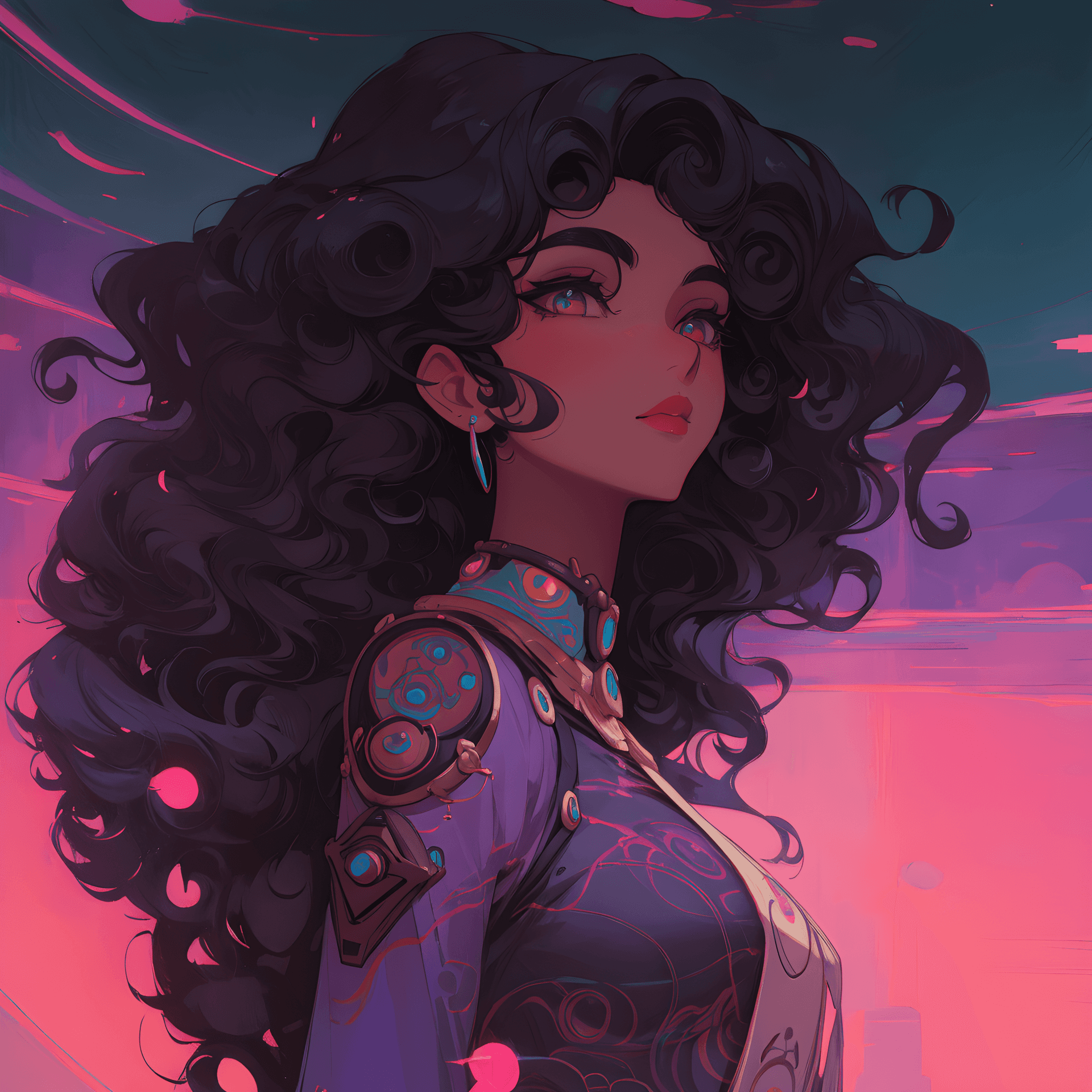 AI generated: a painting of a woman with long black hair, inspired by loish, afrofuturism, wlop and rhads, curls, ...