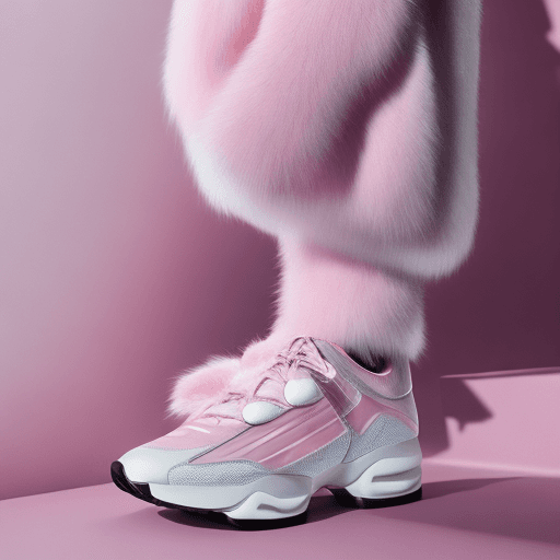 AI generated: Fashion shoot, Jacquemus and moncler collaboration: light pink translucent fur sneakers, hyper-reali...
