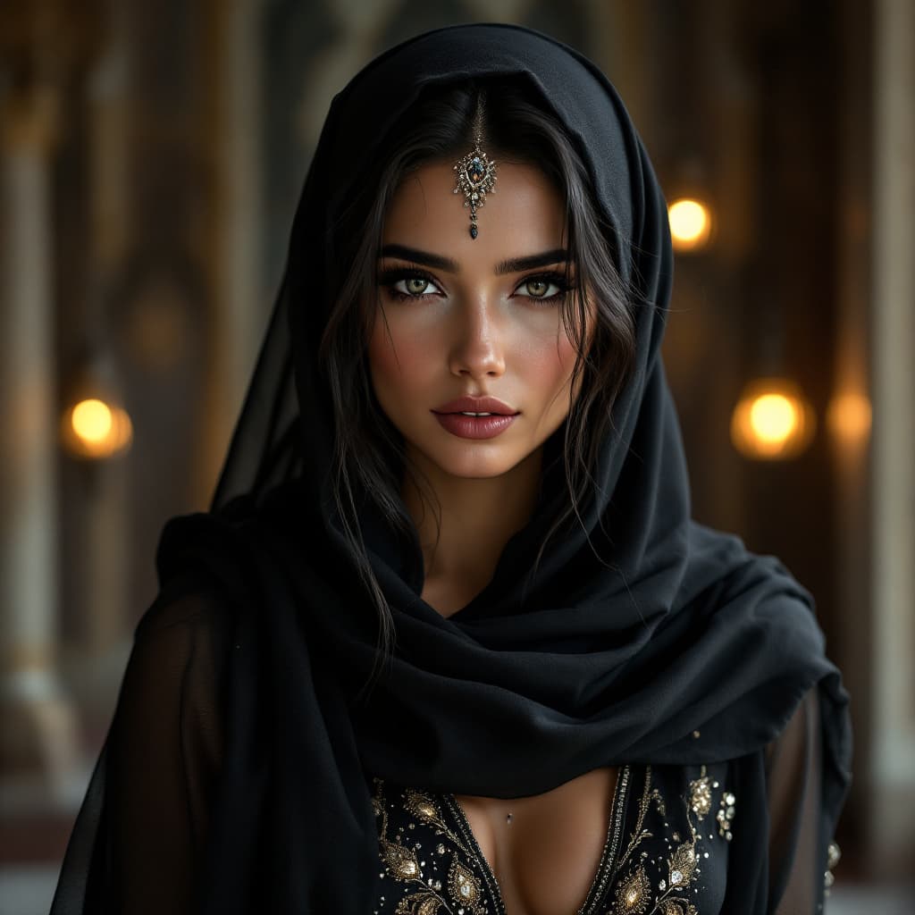 AI generated: Une femme arabe incroyablement belle avec des yeux noirs saisissants et de longs cheveux noirs, port...