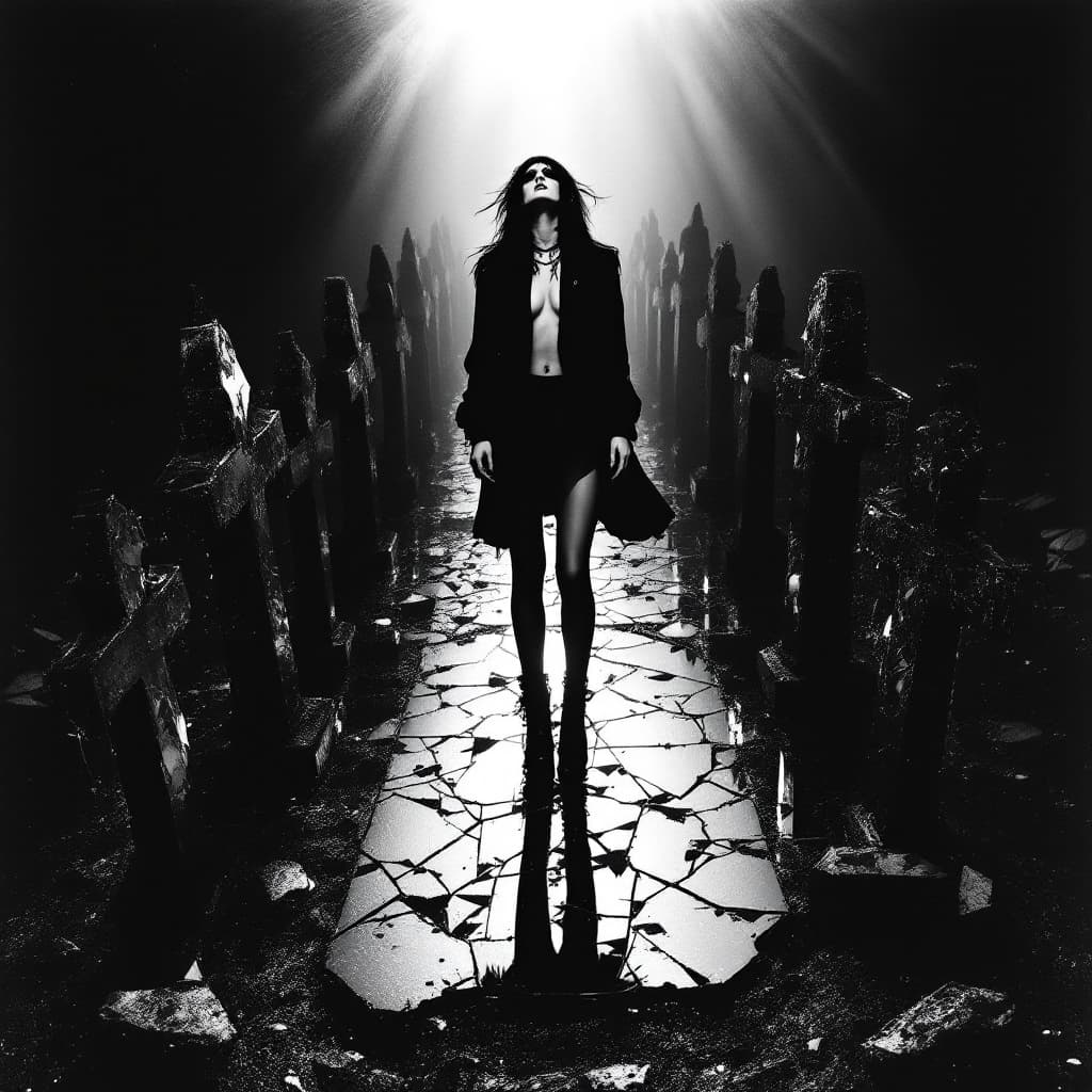 AI generated: woman standing on top of a shattered mirrors around her that's like a grave reflecting her, retro, g...