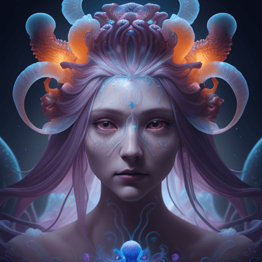 AI generated: Goddess close-up portrait ribcagel. jellyfish phoenix head, nautilus, orchid, skull, betta fish, bio...