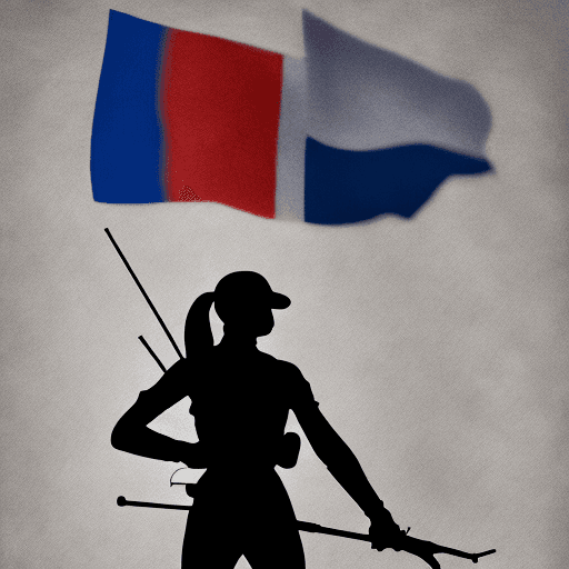 AI generated: plein height silhouette of a biathlete woman skiing, the french flag as background