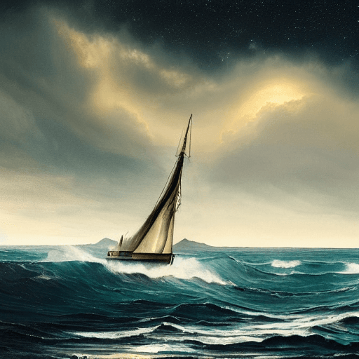 AI generated: A real photographic landscape painting with incomparable reality,Super wide,Ominous sky,Sailing boat...