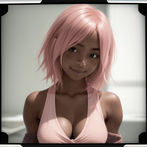 AI generated: gorgeous cute Argentinian girl, smirk, freckles, polaroid photo, (dark skin:1.4), (medium pink hair:...