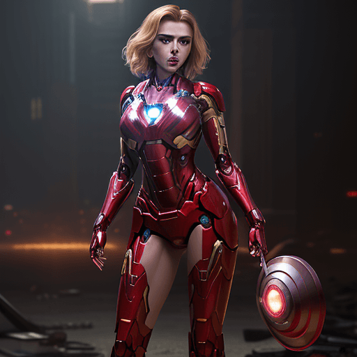 AI generated: scarlett johansson, ((wearing an iron man bikini)), metallic red and gold, (((in a sexy pose))), set...