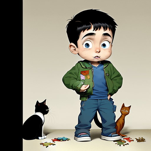 AI generated: A young boy showing his empty pockets. The boy and his cat have a puzzled look on their faces. Carto...