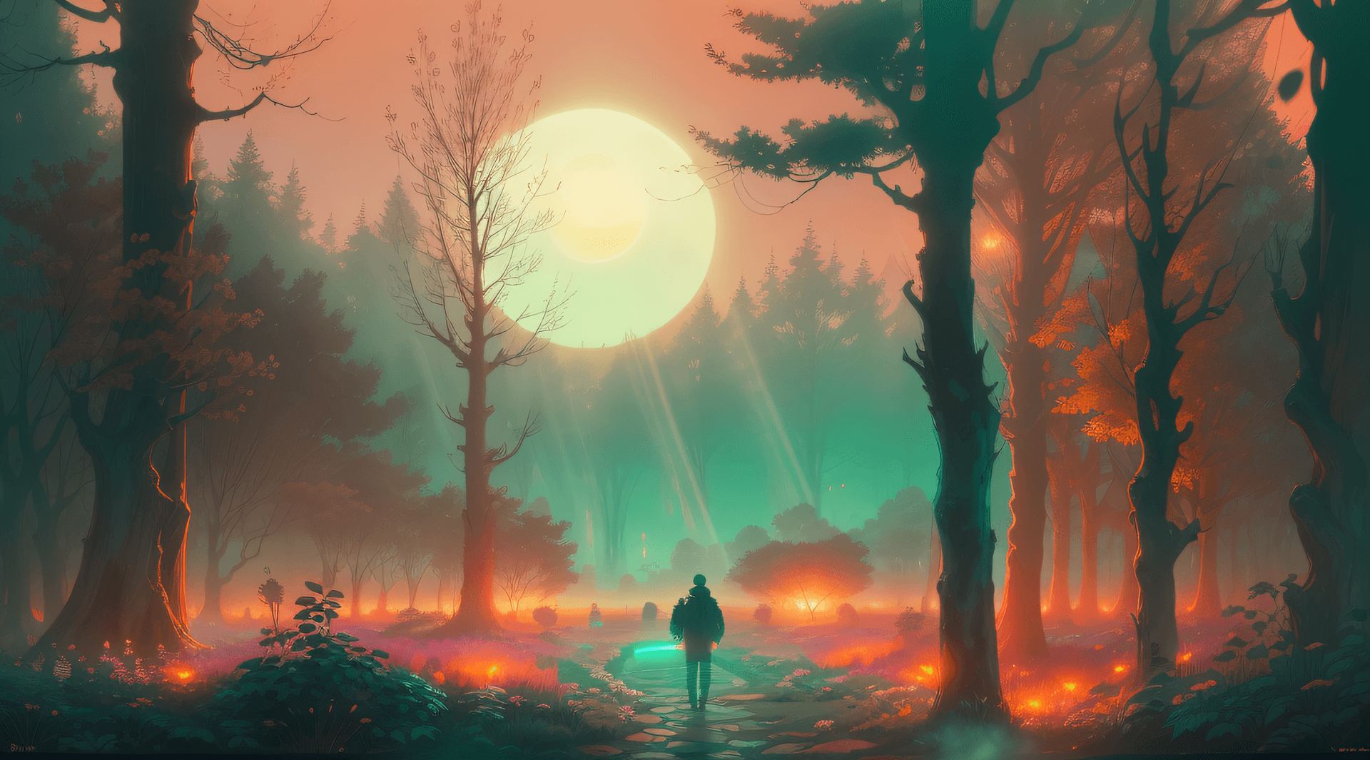 AI generated: Sunrise over a mystical garden by Simon Stålenhag, featuring a silhouetted figure walking in the mor...