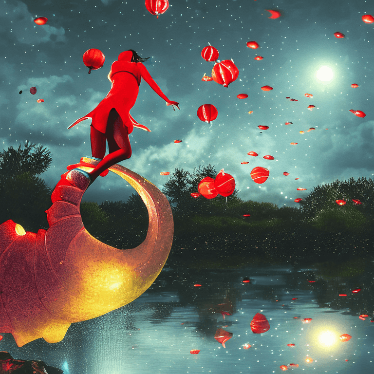 AI generated: girl hugging a red traditional chinese dragon while flying mid-air, beautiful moonlit sky, over vivi...
