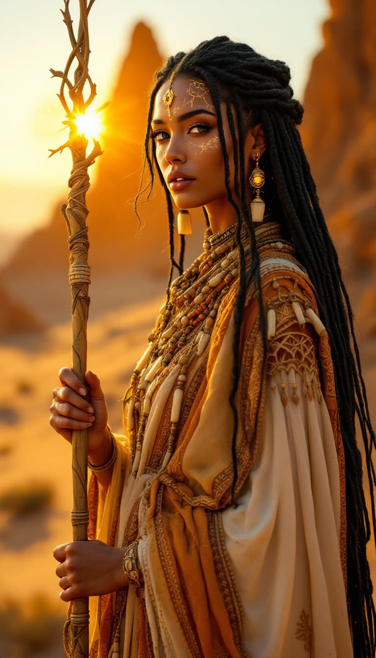 AI generated: An ultra-realistic, full-body portrait of a mesmerizing desert prophetess woman, radiating ancient w...
