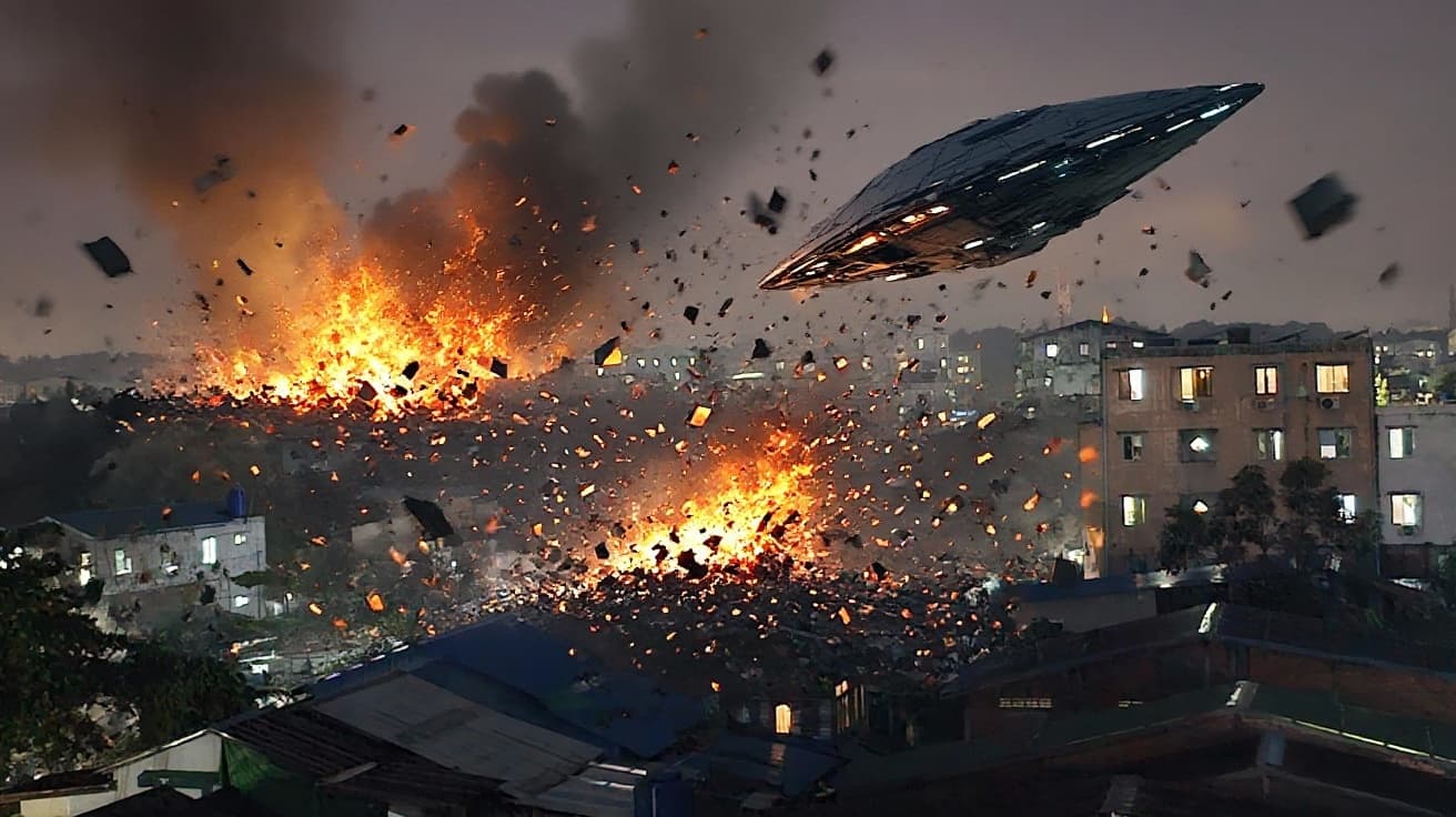 AI generated: Generate a photo with alien's spaceship strike building with huge weapon and all thing on earth are ...