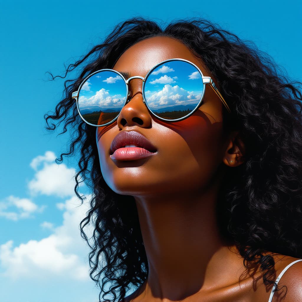 AI generated: portrait of a young african woman with black long curvy hair wearing round glasses, a blue sky and c...