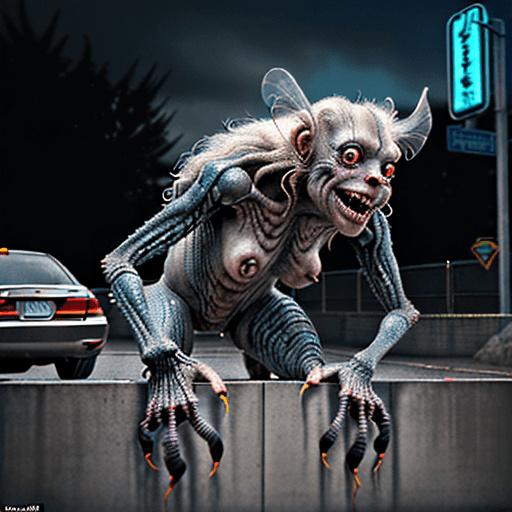 AI generated: creature crawling on a parking wall, mutation, in the style of the movie the fly by David Cronenberg...