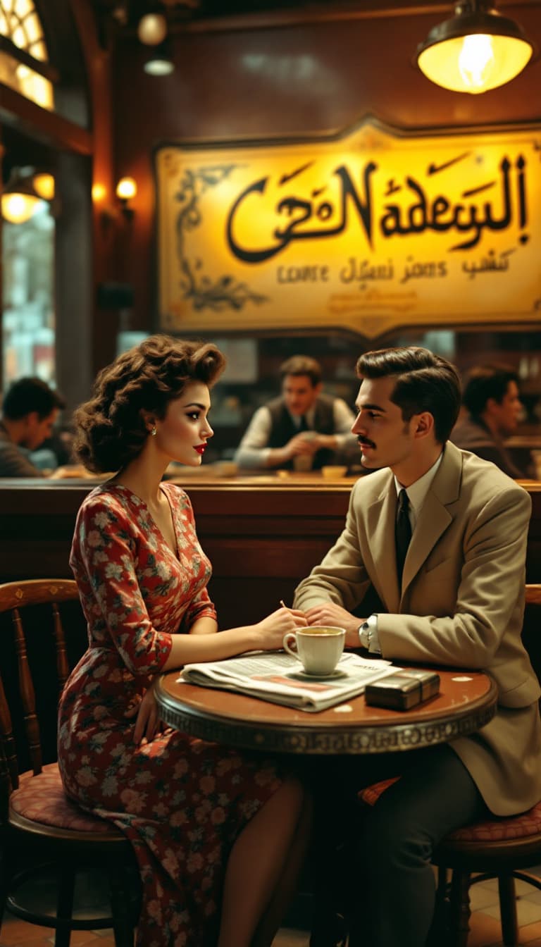 AI generated: A scene from the 1950s in Café Naderi, Tehran, where a young couple is sitting at a small two-person...