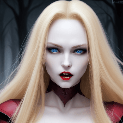AI generated: Beautiful face of a female vampire with strong jawlines, long blonde hair, pale skin, blue eyes and ...