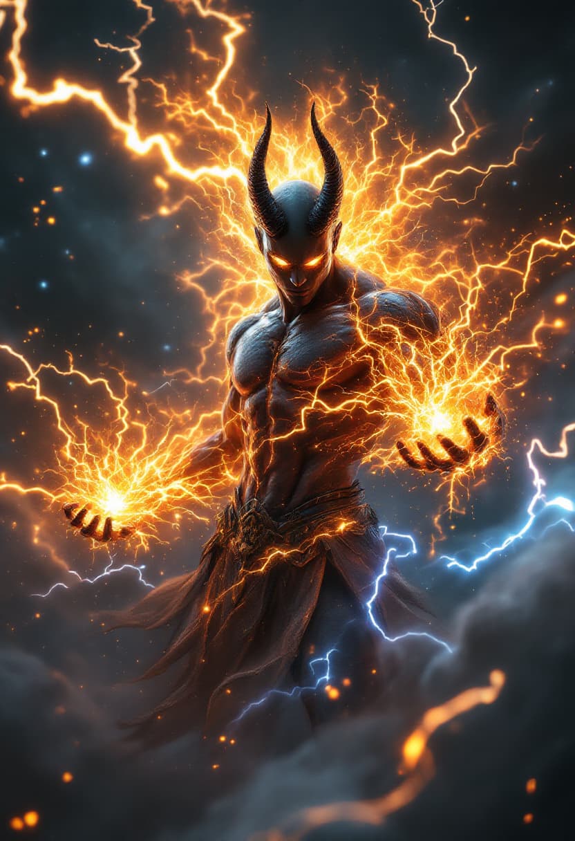 AI generated: God of Fire Lightning and Electricity full-body, Etherial, muscular, charcoal colored skin, Glowing ...