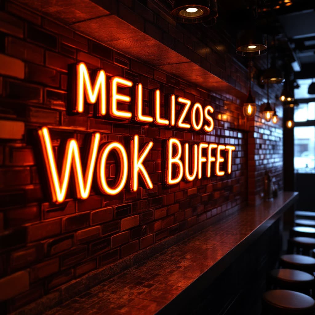 AI generated: hyper realistic led tube writing in a bar with brick tiles slanted from the side with the text - Mel...