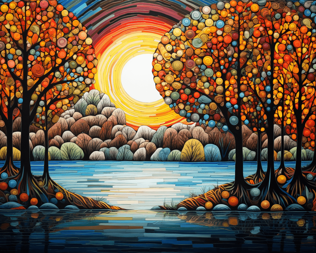 AI generated: many trees are surrounded by a lake in autumn colors, in the style of nature-inspired imagery, haven...