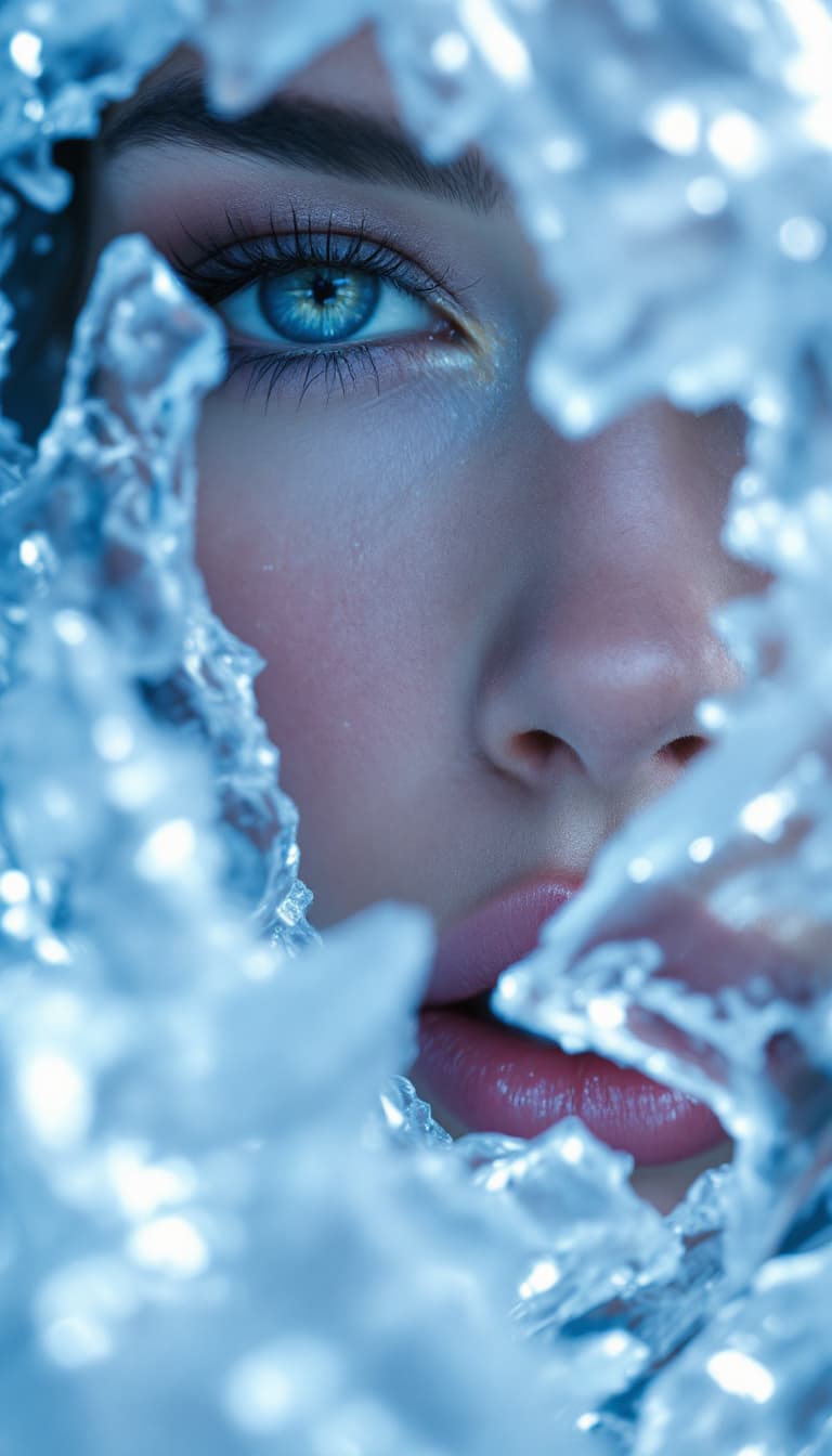 AI generated: Close up of a mesmerizing Female ice crystal macro complex angles, portal to female frozen realms, e...