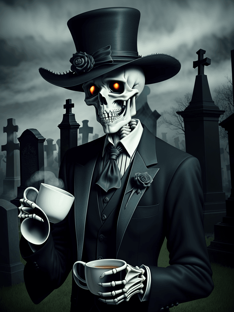 AI generated: skeleton in a suit drinking tea in the cemetery accompanied by ghosts, Tim Burton style, skeleton wi...