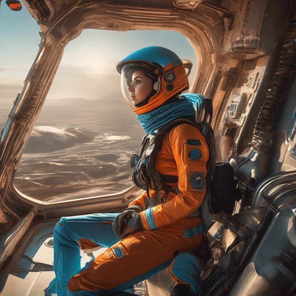 AI generated: highest quality photo of female explorer (orange:4), (blue:5) [spacesuit:tight jumpsuit:0.5], spaces...