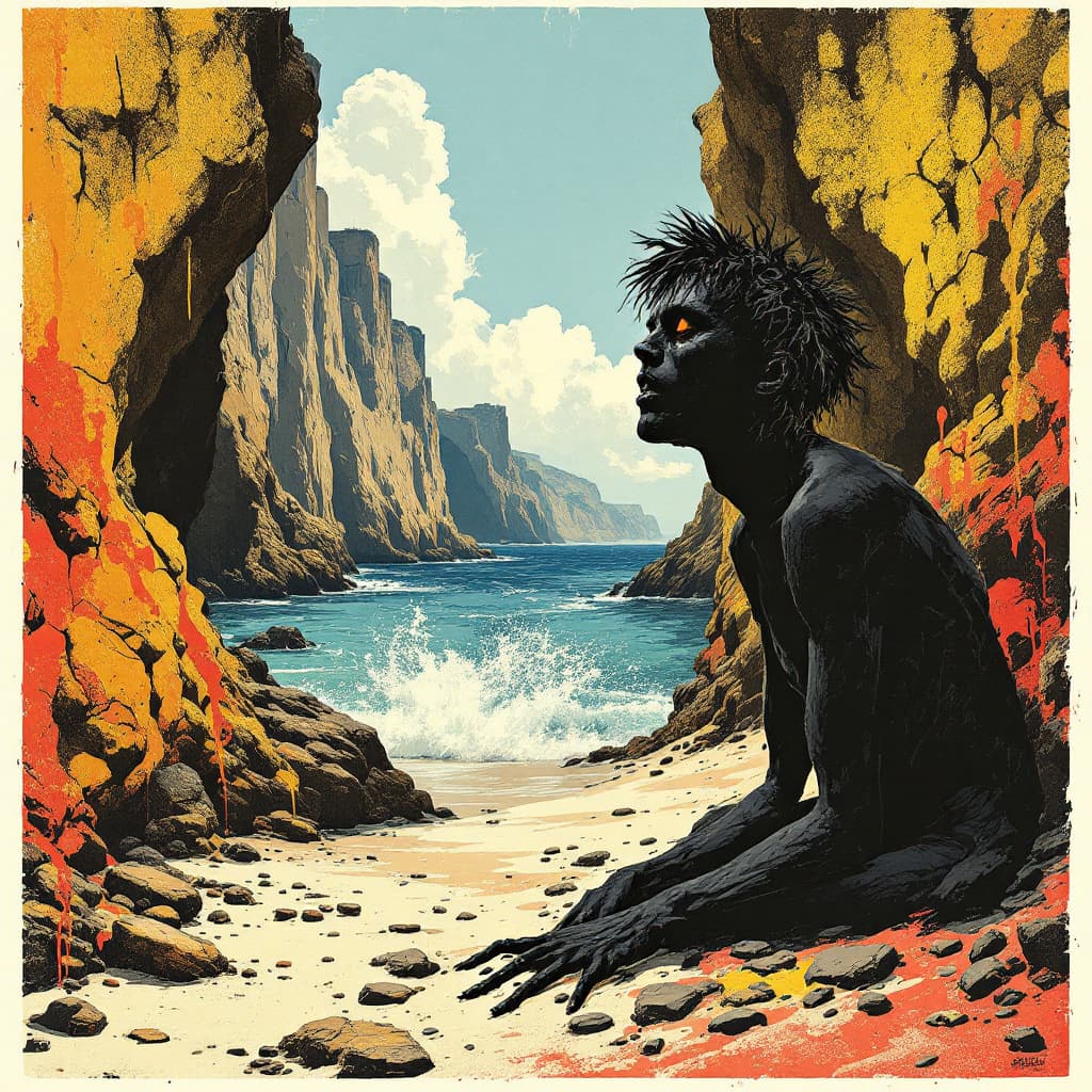 AI generated: calabria in 1970 illustration in style of Die Brücke , sunny day  beach ,  emphasizing raw emotion a...