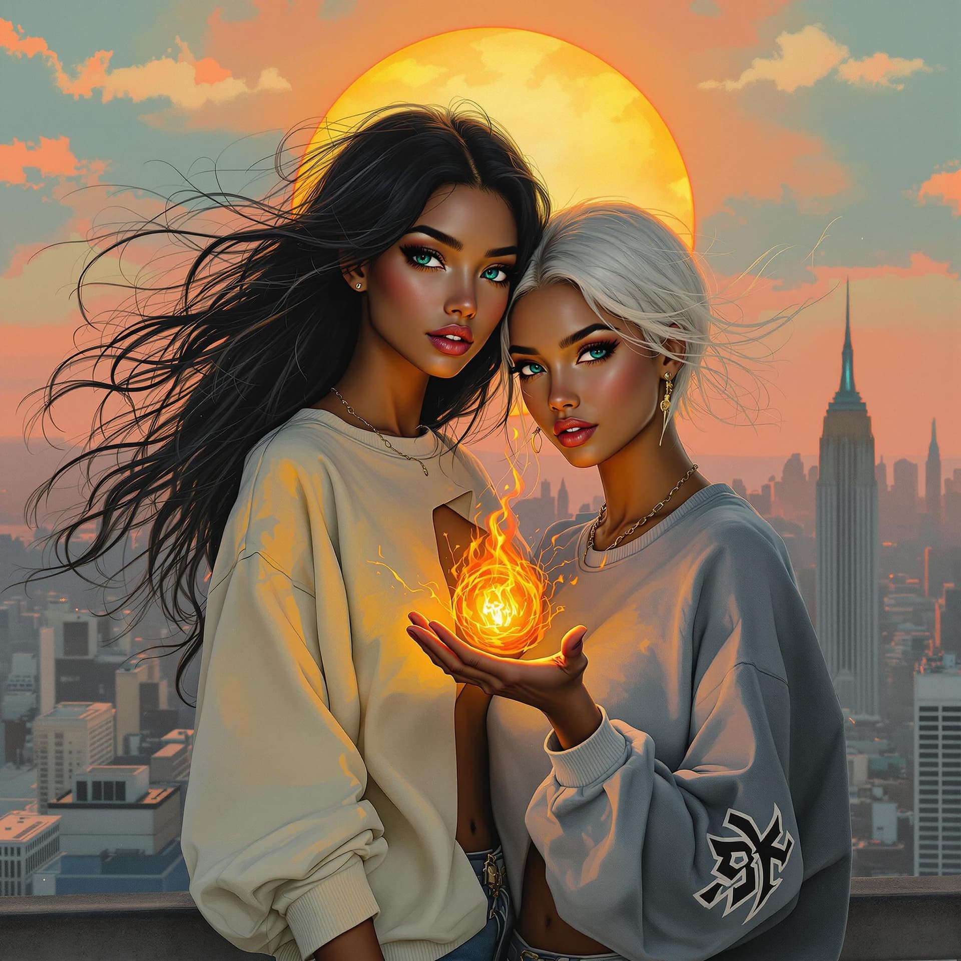 AI generated: Image Drawing deconstucivist Fashion of two 24 year old beautiful twin sisters. Ava long black wavy ...