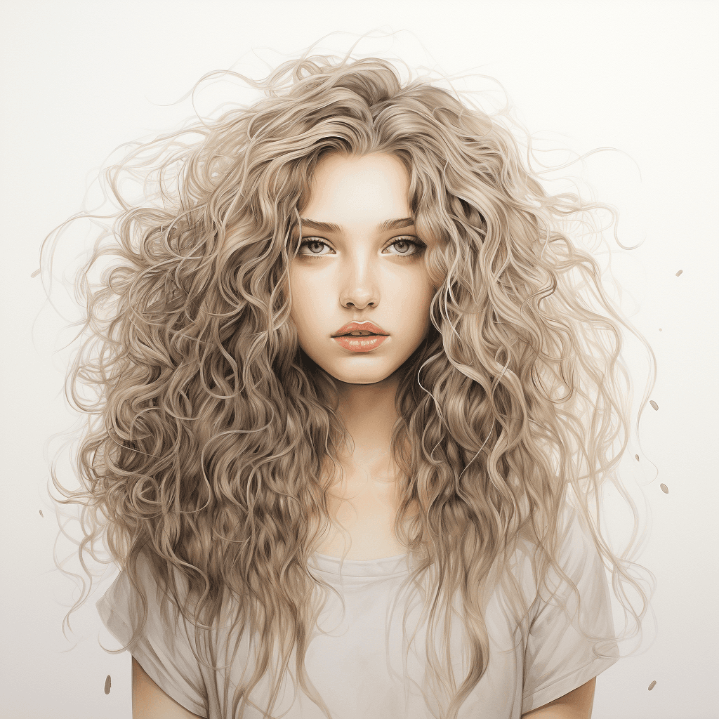 AI generated: Cute girl with long curly hair and beautiful face by evkasin, in the style of anime art, light silve...
