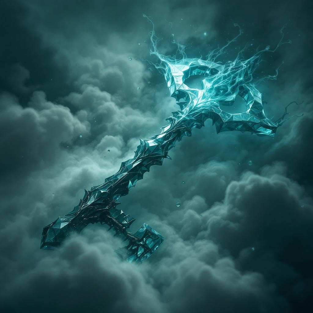 AI generated: Create a key made of Teal Quartz with darkness and shadows flowing at the hilt  - Darkness (The Real...